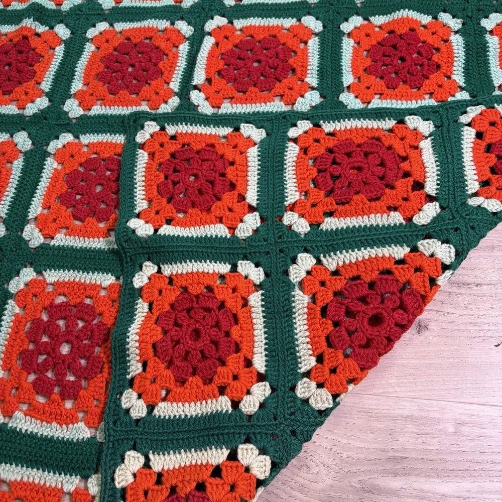 Vintage Handmade Crochet Granny Square Afghan Green &‎ Orange Lap Retro 54x45